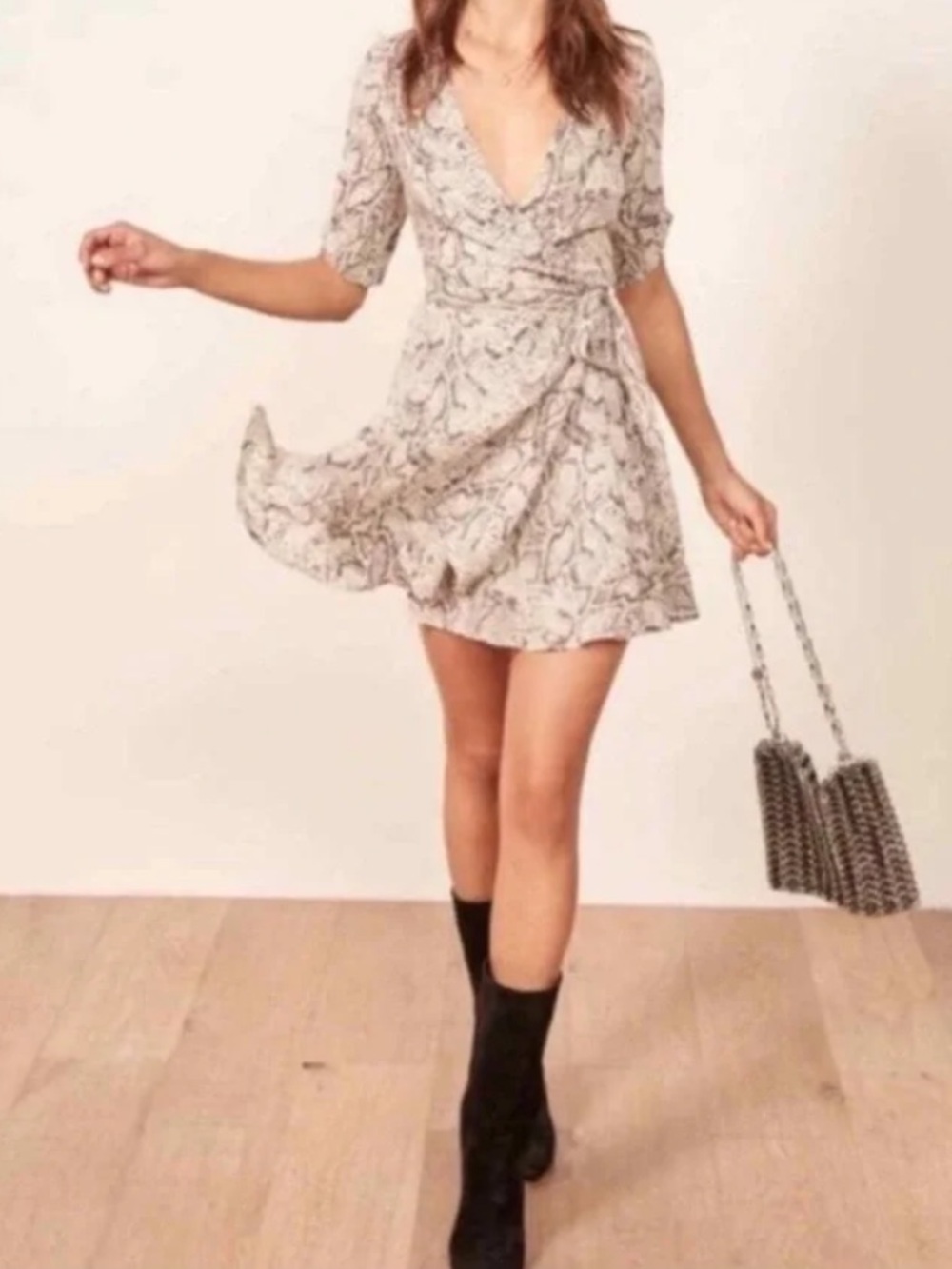 Reformation Monica Snake-Print Wrap Mini Dress in Taupe and Cream size Large